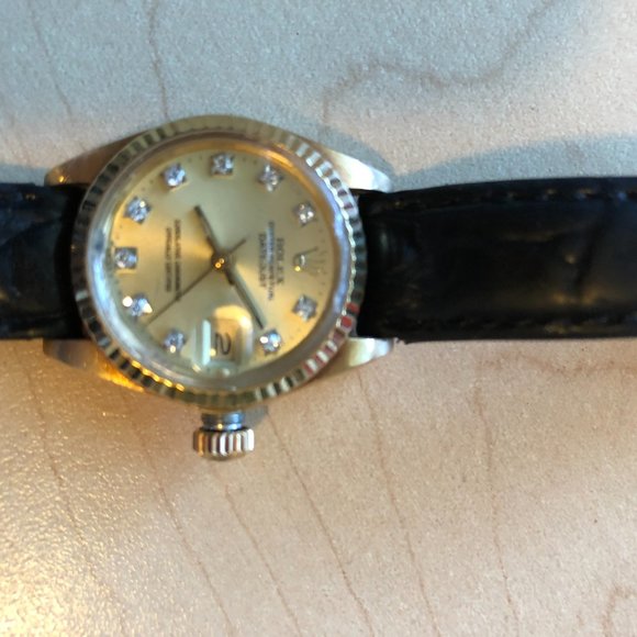 Rolex Day-Date,18 k Gold ladies watch with diamonds, with Rolex leather strap. - Picture 2 of 12